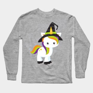 Halloween Unicorn, Cute Unicorn, Witch Hat, Stars Long Sleeve T-Shirt